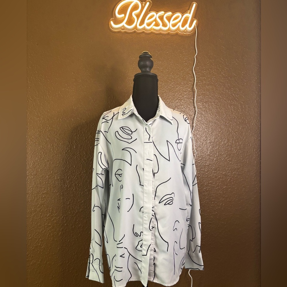 AKIRA White Abstract Line Art Men's Shirt